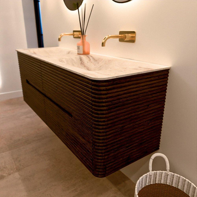 Mondiaz CIRO-DLUX Badkamermeubelset - 140x45x50cm - Solid surface wastafel Frappe - 2 wasbak Dubbel - zonder kraangaten - 4 lades - Walnut