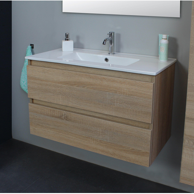 Basic Line Bella Ensemble meuble de salle de bains - 80x55x46cm - 1 lavabo - Céramique - Blanc - 1 trou de robinet - Sans miroir - MDF chêne