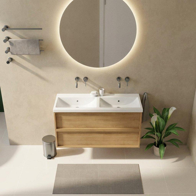 Saniclass Holz Frame Ensemble meuble de salle de bains - 120x45x63.5cm - Lavabo Bari en céramique blanc - 2 vasques - sans trous de robinet - 2 tiroirs - chêne natural mat (bois)