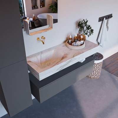 Mondiaz ALAN-DLUX Ensemble de meuble - 120cm - meuble Plata mat - 1 tiroir - Lavabo Cloud Frappe suspendu - vasque Gauche - 0 trous de robinet