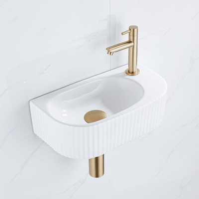 Fugaflow Efficiente Ensemble Fontaine Pietra - 40x21,5x12 cm - droite - rainurée - demi-ronde - 1 trou de robinet - céramique - robinet de fontaine en laiton brossé - bouchon de vidange - siphon abaissé - blanc brillant