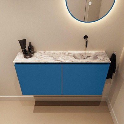 MONDIAZ TURE-DLUX Meuble toilette - 100cm - Jeans - EDEN - vasque Glace - position droite - sans trou de robinet