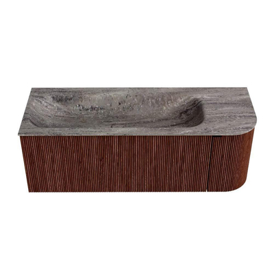 MONDIAZ KURVE-DLUX Meuble de salle de bains 125cm arrondi à droite couleur Ruby avec 1 tiroir et 1 porte. Lavabo BIG MEDIUM à gauche sans trou de robinet Oza.