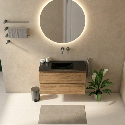 Saniclass Holz Pure Ensemble de meubles de salle de bains - 100x45x62cm - Lavabo Vygo en céramique noir - 1 vasque - sans trou de robinet - 2 tiroirs - chêne natural mat (bois)