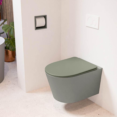 Mondiaz LAVIE hangtoilet – spoelrandloos – 36 x 53 cm – met softclose zitting – Smoke (lichtbruin), zitting Army (groen)