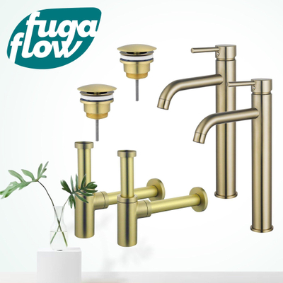 FugaFlow Eccelente Sobrado Badkamer Wastafelkraanset - voor dubbele wastafel - verhoogde wastafelkraan - always open plug - design sifon - PVD Geborsteld Messing