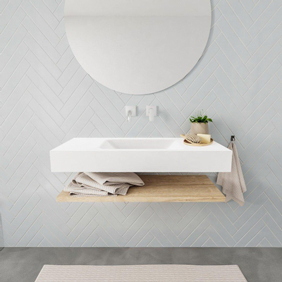 MONDIAZ ALAN 100cm - Ensemble meuble de salle de bains - tablette - chêne lavé - lavabo suspendu - vasque centrale - 0 trous de robinet - talc