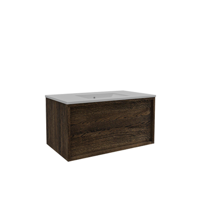 Saniclass Holz Framse Ensemble meuble de salle de bains - 80x45x40cm - 1 tiroir - 1 lavabo - sans trous de robinet - trop-plein - Chêne charcoal