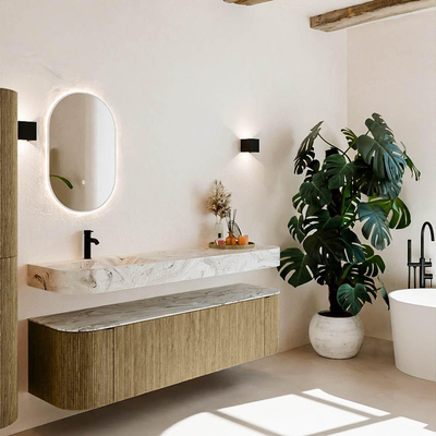 MONDIAZ THOR-DLUX Meuble de salle de bains 170cm arrondi gauche + droite couleur Dusk avec 1 tiroir et 2 portes. Vasque suspendue CLOUD Gauche 1 trou de robinet couleur Glace.