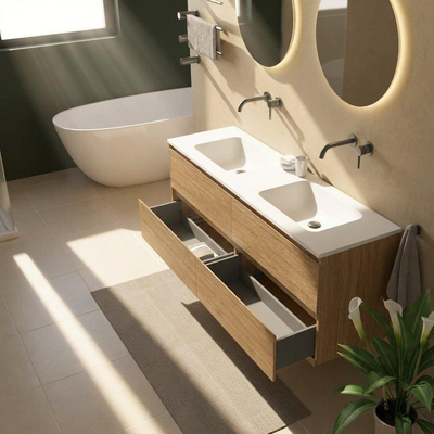Saniclass Holz Pure Ensemble de meubles de salle de bains - 160x45x77.5cm - vasque Torino en solid surface blanc - sans trou de robinetterie - 4 tiroirs - chêne natural mat (bois)