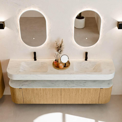 MONDIAZ THOR-DLUX Meuble de salle de bains 190cm arrondi gauche + droite couleur Oak avec 2 tiroirs et 2 portes. Vasque suspendue CLOUD Double 2 trous de robinet couleur Opalo.