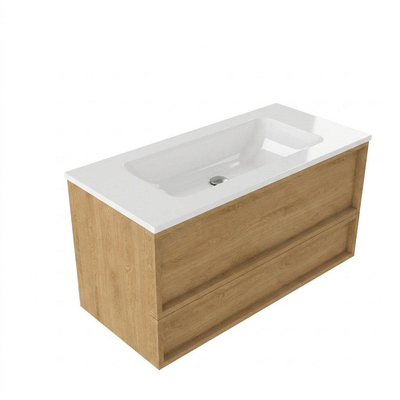 Saniclass Holz Frame Ensemble de meubles de salle de bains - 100x45x77.5cm - lavabo Torino en solid surface blanc - sans trou de robinet - 2 tiroirs - chêne natural mat (bois)