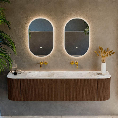 MONDIAZ KURVE-DLUX 180cm Meuble salle de bain avec module 25 G et D - couleur Walnut - 2 tiroirs - 2 portes - vasque LEAF double - sans trou de robinet - couleur Glace