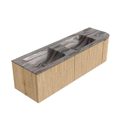 MONDIAZ KURVE-DLUX Meuble de salle de bains 155cm arrondi à droite couleur Oak avec 2 tiroirs et 1 porte. Lavabo LEAF Double / Gauche 2 trous de robinet Sombra.