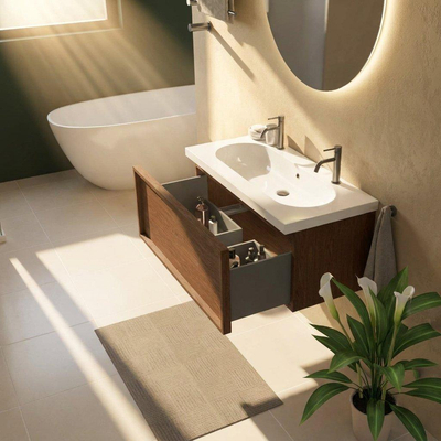 Saniclass Holz Frame Ensemble de meubles de salle de bains - 100x45x43.5cm - lavabo en céramique Palermo blanc - 1 vasque - 2 trous de robinet - 1 tiroir - walnut pure mat (bois)