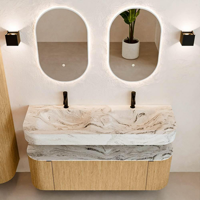 MONDIAZ THOR-DLUX 140cm badmeubel ronding links + rechts kleur Oak met 1 lade en 2 deuren. Vrijhangende wastafel CLOUD Dubbel 2 kraangaten kleur Glace.