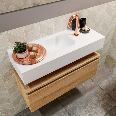 MONDIAZ ANDOR Toiletmeubel - 80x30x30cm - 1 kraangat - 1 lades - washed oak mat - wasbak midden - Solid surface - Wit