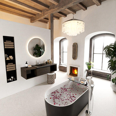 MONDIAZ BUKLA 140cm ensemble de meuble avec module ouvert 40 L+R couleur Marron Foncé avec 1 tiroir. Lavabo CLOUD centre 1 trou de robinet couleur Urban.