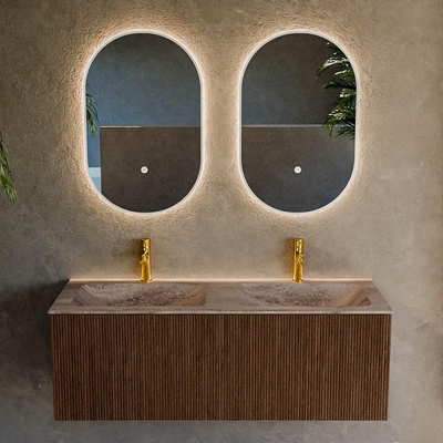 MONDIAZ KURVE-DLUX 120cm badmeubel kleur Walnut met 1 lade en 0 deuren. Wastafel LEAF Dubbel 2 kraangaten Oza.