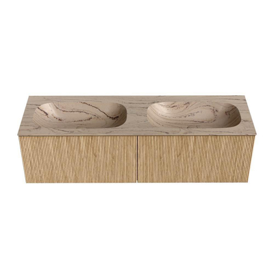 MONDIAZ KURVE-DLUX 150cm badmeubel kleur Oak met 2 lades en 0 deuren. Wastafel STOR SMALL Dubbel 2 kraangaten Arena.