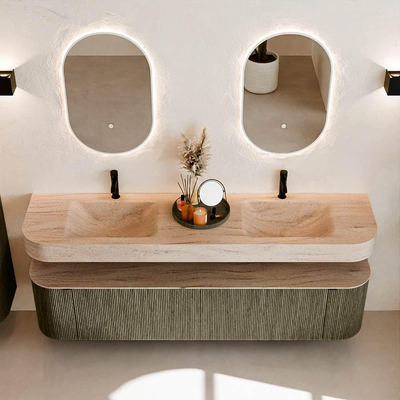 MONDIAZ THOR-DLUX Meuble de salle de bains - 190cm - arrondi gauche + droite - couleur Shadow - 2 tiroirs et 2 portes - Lavabo suspendu CLOUD Double 2 trous de robinet - couleur Saba