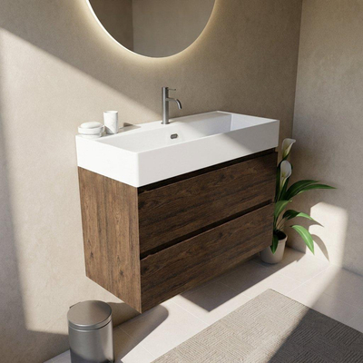 Saniclass Holz Pure Ensemble de meubles de salle de bains - 100x45x72cm - vasque Legend en céramique blanche - 1 vasque - 1 trou de robinet - 2 tiroirs - chêne charcoal mat (bois)