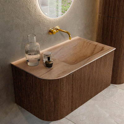 MONDIAZ KURVE-DLUX 85cm badmeubel ronding Links kleur Walnut met 1 lade en 1 deur. Wastafel CLOUD Rechts zonder kraangat Saba.