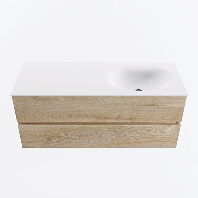 MONDIAZ VICA meuble sous lavabo 120cm Chêne blanchi 2 tiroirs. Lavabo MOON droite 1 trou de robinet, couleur Talc.