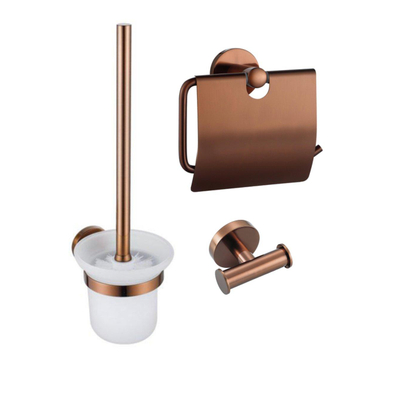 Fortifura Calvi Toiletset 3-delig - toiletrolhouder - met klep - toiletborstel - handdoekhaak dubbel rond - PVD - geborsteld koper