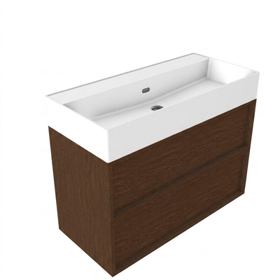 Saniclass Holz Frame Ensemble meuble de salle de bains - 100x45x72cm - lavabo en céramique Legend blanc mat - 1 vasque - sans trou de robinetterie - 2 tiroirs - walnut pure mat (bois)