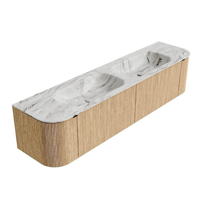MONDIAZ KURVE-DLUX 190cm badmeubel met module 25 Len R kleur Oak met 2 lades en 2 deuren. Wastafel STOR SMALL dubbel zonder kraangat kleur Glace.