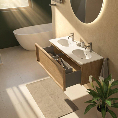 Saniclass Holz Frame Ensemble meuble de salle de bains - 120x45x54cm - lavabo Chaci en céramique blanc - 2 vasques - 2 trous de robinetterie - 1 tiroir - chêne natural mat (bois)