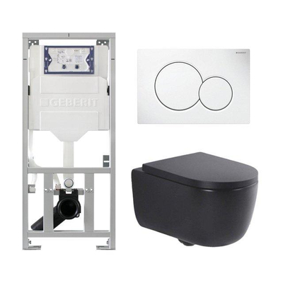 QeramiQ Dely Swirl Pack WC - 36.5x53cm - réservoir encastré Geberit UP320 - 35mm Abattant WC - plaque de déclenchement sigma blanche - boutons ronds - noir mat