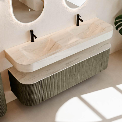 MONDIAZ THOR-DLUX 160cm meuble de salle de bains arrondi gauche + droite couleur Shadow avec 1 tiroir et 2 portes. Vasque suspendue CLOUD Double 2 trous de robinet couleur Meli.