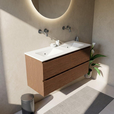 Saniclass Holz Pure Ensemble meuble de salle de bains - 120x45x62cm - lavabo en céramique Vygo blanc - 2 vasques - sans trous de robinet - 4 tiroirs - walnut pure mat (bois)