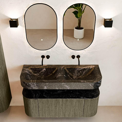 MONDIAZ THOR-DLUX 120cm meuble de salle de bains arrondi gauche + droite couleur Shadow avec 1 tiroir et 2 portes. Vasque suspendue CLOUD Double sans trou de robinet couleur Lava.