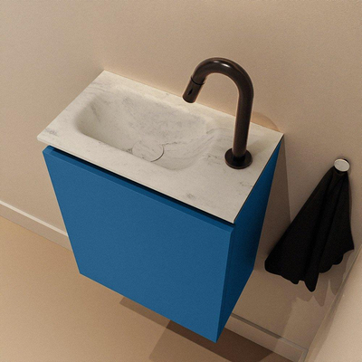 MONDIAZ TURE-DLUX meuble de toilettes 40cm Jeans. EDEN lavabo Opalo position gauche. Avec 1 trou de robinet.