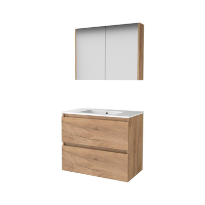Basic-Line Comfort 46 ensemble de meubles de salle de bain 80x46cm sans poignée 2 tiroirs lavabo en porcelaine 1 trou de robinet armoire de toilette mfc whisky oak