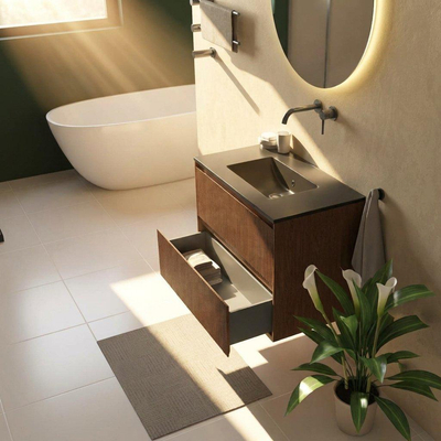 Saniclass Holz Atelier Ensemble de meubles de salle de bains - 80x45x62cm - lavabo Vygo en céramique noir - 1 vasque - sans trou de robinet - 2 tiroirs - walnut pure mat (bois)