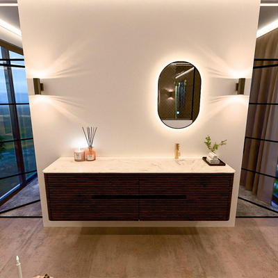 Mondiaz CIRO-DLUX Meuble de salle de bains - 180x45x50cm - Plan vasque solid surface Ostra - 1 lavabo à droite - 1 trou de robinetterie - 4 tiroirs - Noyer