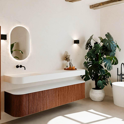 MONDIAZ THOR Meuble de salle de bains 200cm arrondi gauche + droite couleur Ruby avec 2 tiroirs et 2 portes. Vasque suspendue CLOUD Gauche sans trou de robinet couleur Talc.