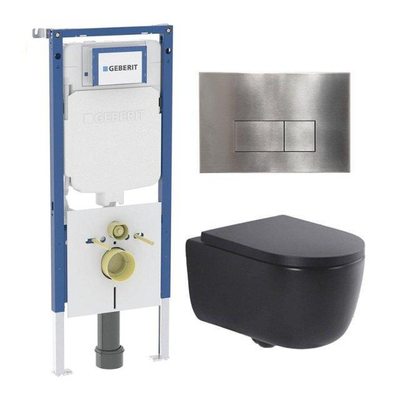 QeramiQ Dely Swirl Pack WC - 36,3x51,7cm - réservoir encastré Geberit UP720 Duofix Sigma - assise de 35mm - plaque de commande en acier - boutons rectangulaires - noir mat