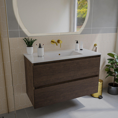 Saniclass Holz Atelier Meuble de salle de bain - 100x45x60cm - lavabo en céramique blanc - 1 vasque - sans trous de robinet - 2 tiroirs - Charcoal
