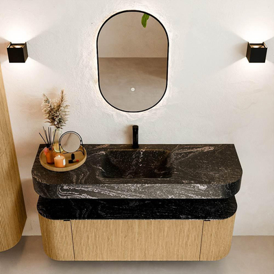 MONDIAZ THOR-DLUX 140cm meuble de salle de bains arrondi gauche + droite couleur Oak avec 1 tiroir et 2 portes. Vasque suspendue CLOUD Milieu 1 trou de robinet couleur Lava.