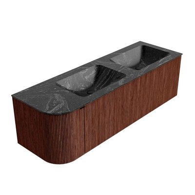 Ensemble de meuble de salle de bain Mondiaz KURVE-DLUX - 145x46x40cm - 1 tiroir - 1 porte - lavabo en solid surface - double / droite - 2 trous de robinet - Ruby