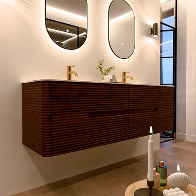 Mondiaz CIRO-DLUX Badkamermeubelset - 160x45x50cm - Solid surface wastafel Nata - 2 wasbak Dubbel - 2 kraangaten - 4 lades - Ruby