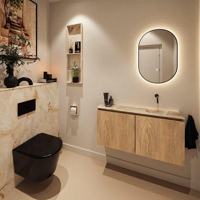 MONDIAZ TURE-DLUX Meuble toilette - 100cm - Washed Oak - EDEN - vasque Frappe - position droite - sans trou de robinet