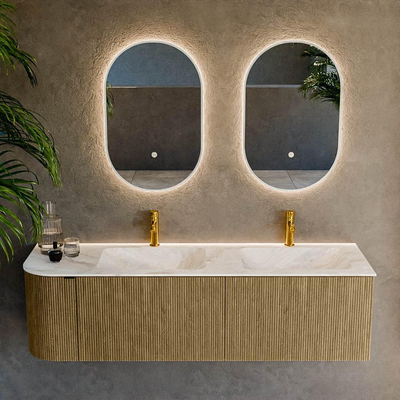 Mondiaz KURVE-DLUX Badkamermeubelset - 155x46x40cm - 2 lade - 1 deur - wastafel solid surface - dubbel / rechts - 2 kraangaten - Dusk