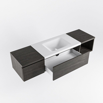 MONDIAZ BUKLA 160cm ensemble de meuble avec module ouvert 40 à droite couleur Marron Foncé avec 2 tiroirs. Lavabo CLOUD centre 1 trou de robinet couleur Talc.