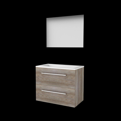 Basic-Line Ultimate 46 ensemble de meubles de salle de bain 80x46cm avec poignées 2 tiroirs vasque acrylique 0 trous de robinetterie miroir éclairage mfc scotch oak
